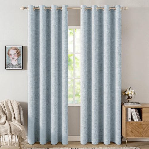 MIULEE 90-Inch Linen Textured Blackout Curtains - Thermal Insulated Chambray Blue Drapes | Luxury Room Darkening for Bedroom & Living Room (2 Panels)