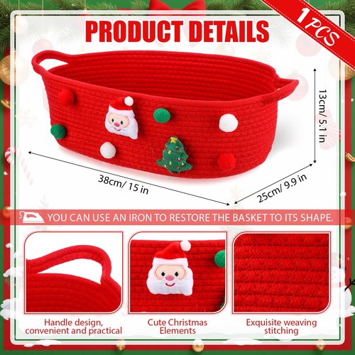 FoldTier 1 Pack Christmas Gift Basket Empty 15 x 9.9 x 5.1 Inch Santa Red Christmas Storage Bin with Handles, Woven Cotton Rope Basket for Gifts Holiday Treats Party Supplies, Home Xmas Decorations