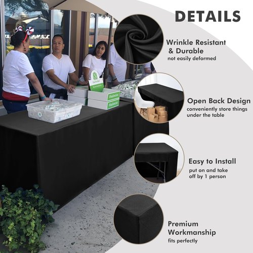 Nasitos 6 Pack Black Tablecloth for 8FT Trade Show Table Covers-Open Back Folding Tablecloths Washable Fabric and Wrinkle Resistant Table Covers for Craft Show, Display Table, Parties, Birthday