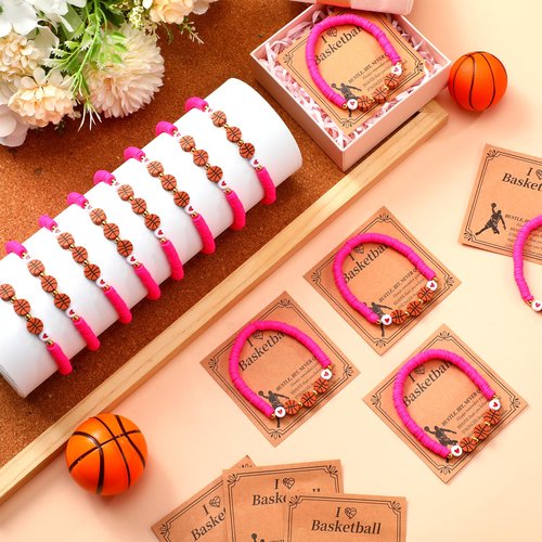 Ecation 20 Set Basketball Bracelets Gifts Basketball Party Favors Bead Bracelets Team Gift with Inspirational Card for Senior Night Gifts Sport Team Lovers Players Birthday Party(Pink)