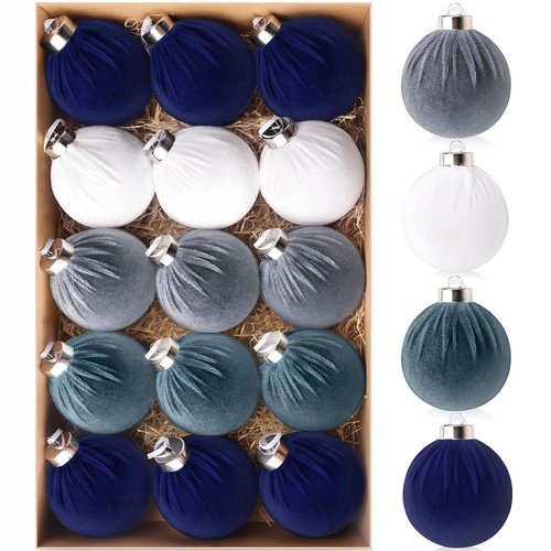 EverMerry 15 PCS Velvet Christmas Ornaments, 3.14’’ Christmas Ball Ornaments Set, Hanging Balls Decorations for Xmas Tree, Wreath, Garland, Home Decor (Blue and White)
