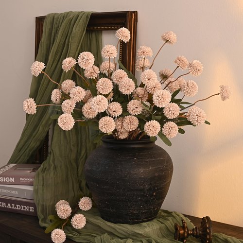 Waipfaru 10pcs Fake Silk Pompon Mum Artificial Flowers, Bulk Faux Mini Chrysanthemums, for Centerpieces Wedding Fillers Champagne Arrangements Boho Decor, No vase, Beige