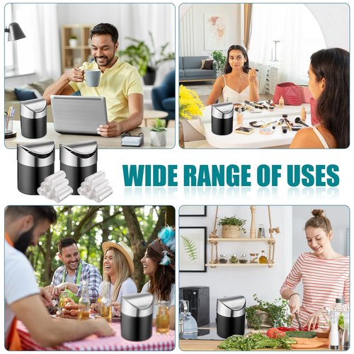 Yiyiring 2 Pcs Desk Trash Can with Swing Lids, 12 Rolls of Trash Bags, 2L Brushed Stainless Steel Countertop Garbage Bin Small Wastebasket with Lid for Office Desk, Coffee Table(Matte Black)