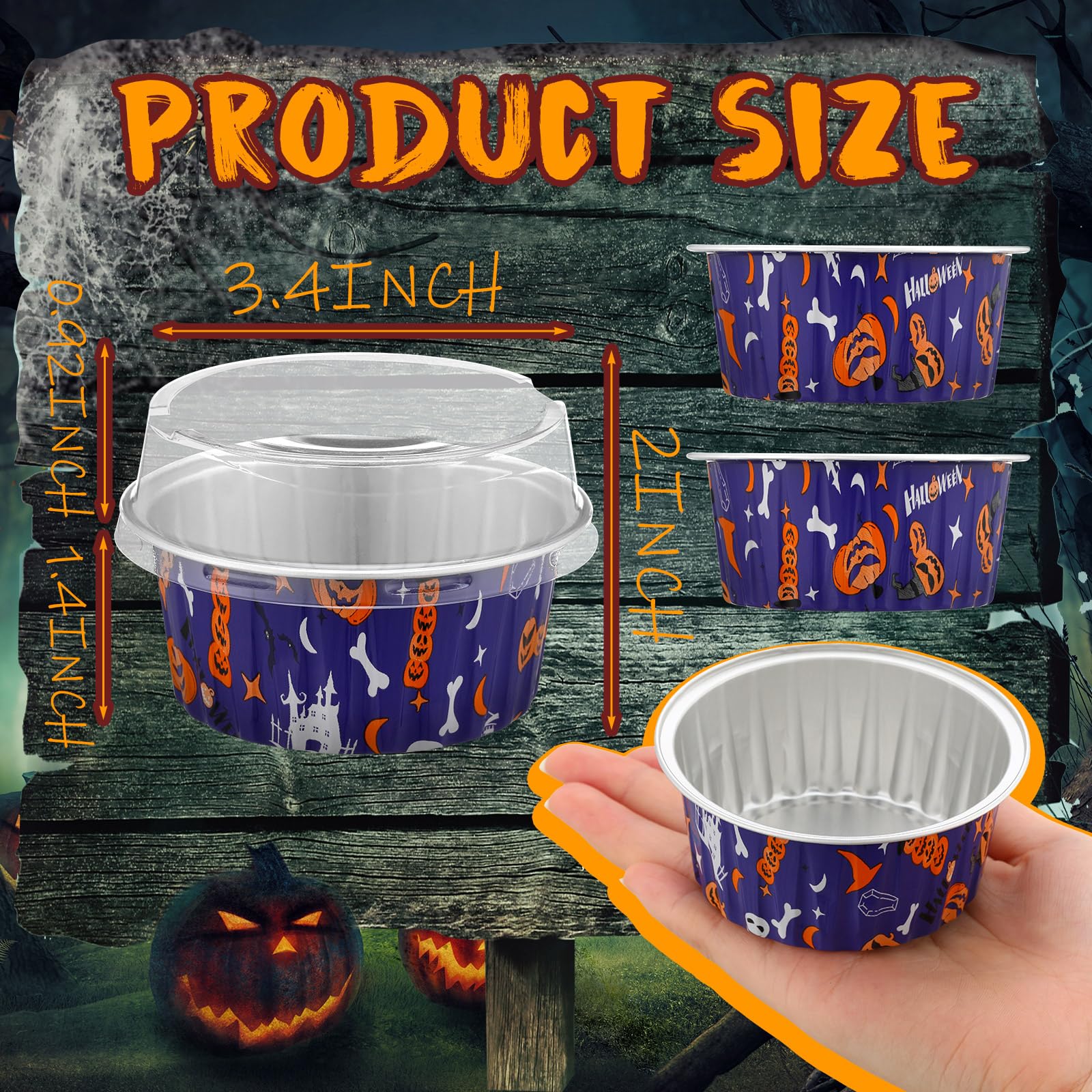 Teenyyou 100 Pcs Halloween Mini Aluminum Foil Cupcake Baking Cups with Lids 5 oz Baking Liner Cups Cupcake Containers Pans or Halloween Party Wedding Birthday Party (Round)