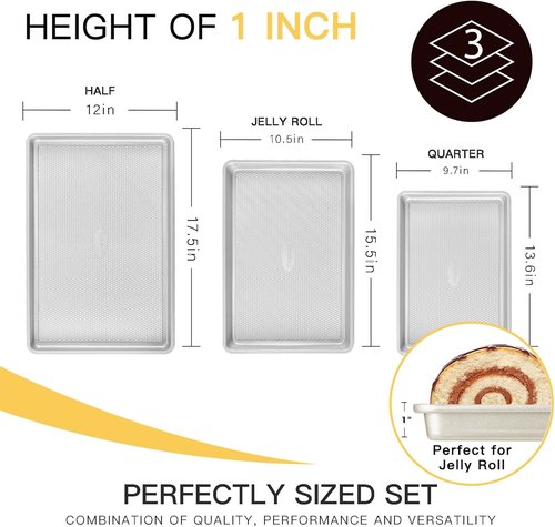 HONGBAKE Nonstick Baking Sheet Pan Set - Heavy Duty Cookie Sheets with Diamond Texture | Silver, Half & Quarter Sizes