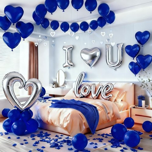 Happy Valentines Day Decorations Balloon Valentines Decorations, Happy Anniversary Decorations, I Love You Balloon for Him Silver Blue Heart Balloon, Blue Rose Petals Romantic Decoration Special Night