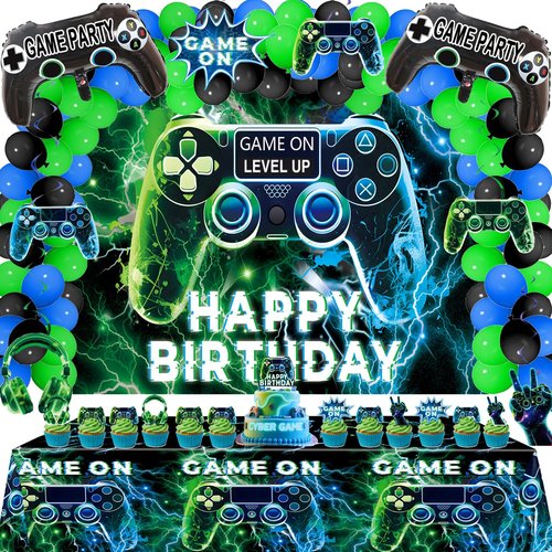 Video Game Party Decorations Set – Gamer Birthday Supplies with Backdrop, Table Cover, Hanging Swirls, Cake Toppers, Foil Balloons for Boys & Kids