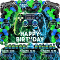 Video Game Party Decorations Set – Gamer Birthday Supplies with Backdrop, Table Cover, Hanging Swirls, Cake Toppers, Foil Balloons for Boys & Kids