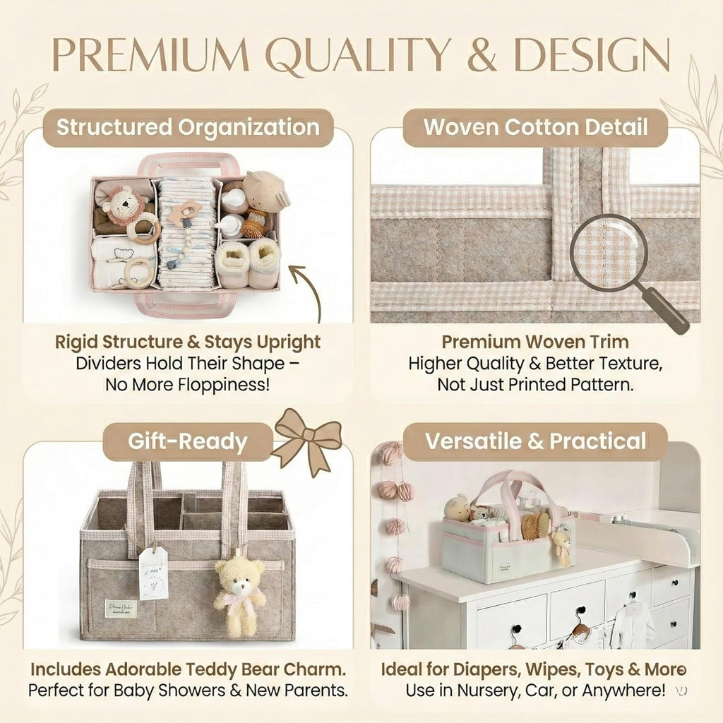 PeraBella Baby Diaper Caddy Organizer - XL Portable Felt Storage Bin for Nursery Essentials | Ideal Baby Shower Gift
