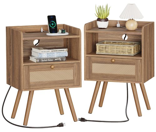 SUPERJARE Nightstands Set of 2, Night Stands with Charging Station & PE Rattan Decor Drawer, Bed Side Tables with Solid Wood Feet, End Table, for Bedroom, Living Room, Walnut