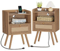 SUPERJARE Nightstands Set of 2, Night Stands with Charging Station & PE Rattan Decor Drawer, Bed Side Tables with Solid Wood Feet, End Table, for Bedroom, Living Room, Walnut