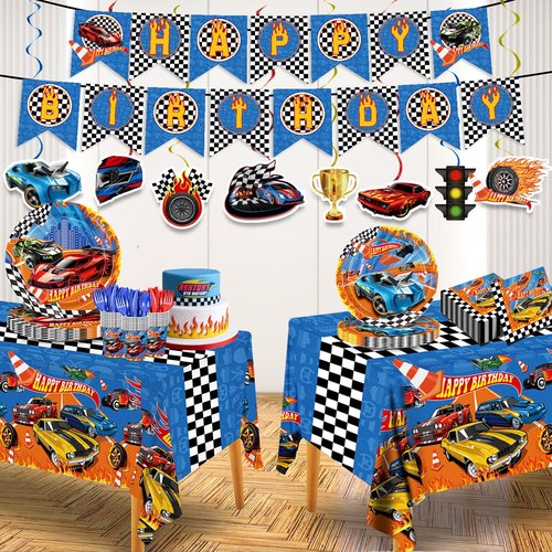 179pcs Racing Car Plates Napkins Birthday Party Decorations Disposable Tableware Set Paper Cups Banner Tablecloth Hanging Swirls Race Car Party Supplies for Kids Boys Birthday Decor 24 Guests