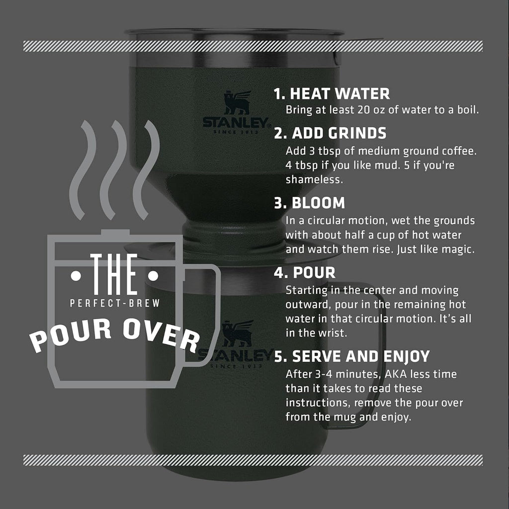 STANLEY Perfect Brew Pour Over Set - 12 oz Insulated Camp Mug with Lid & Reusable Filter - BPA-Free Hammertone Green