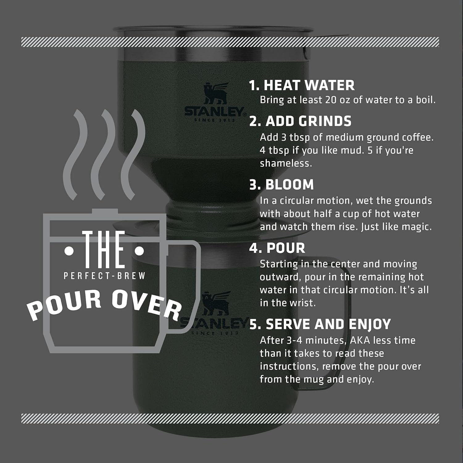 STANLEY Perfect Brew Pour Over Set - 12 oz Insulated Camp Mug with Lid & Reusable Filter - BPA-Free Hammertone Green