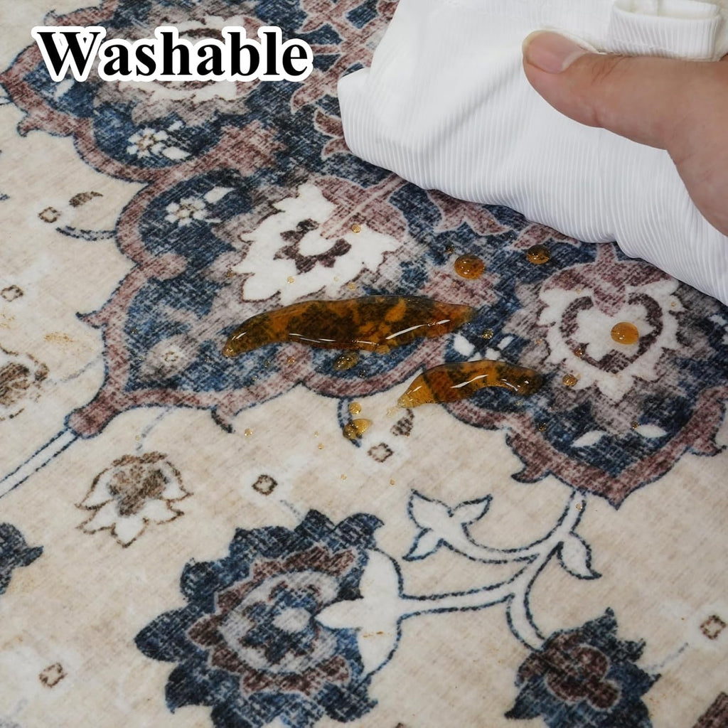 Regine Switzerland Washable 3x12 Hallway Runner Rug - Floral Non-Slip Accent Mat in Blue