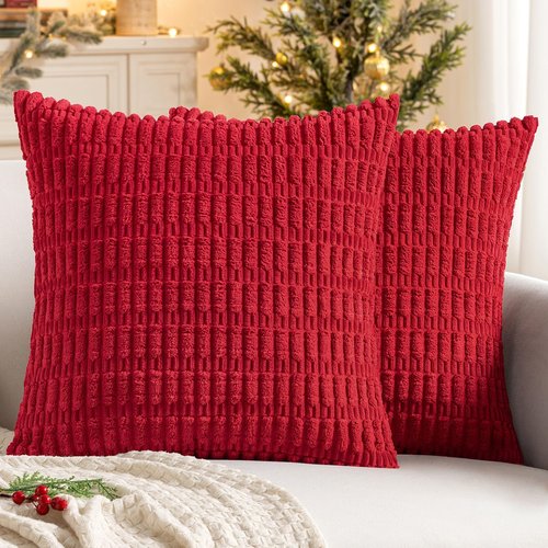 MIULEE Euro Sham Pillow Covers - Pack of 2 Red Corduroy, Soft Boho Striped 24x24 Inch Decor for Sofa & Bed