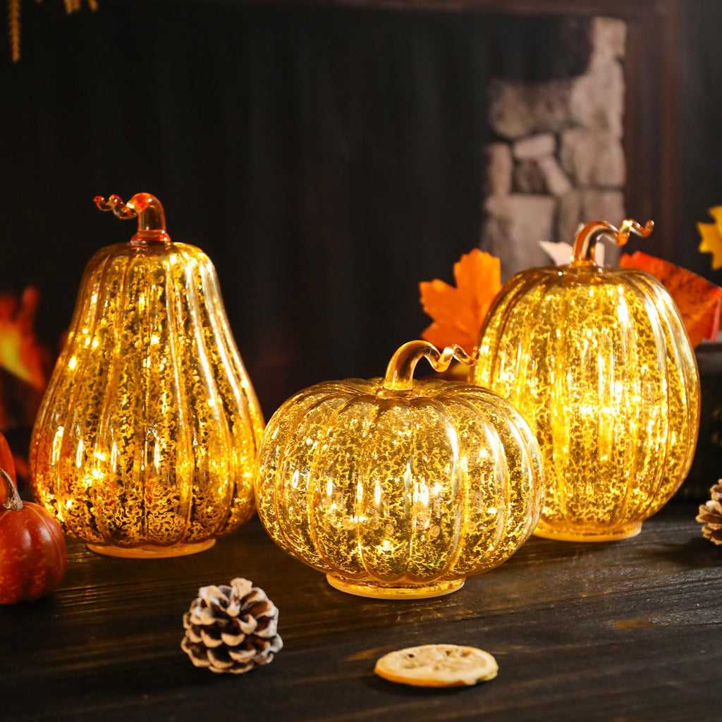 Glass Pumpkin Lights with Warm Yellow LED String, Set of 2 – 13.4” & 11.8” Tall Amber Glass Pumpkins for Fall, Halloween, Thanksgiving Table Centerpiece, Indoor Autumn Home Decor
