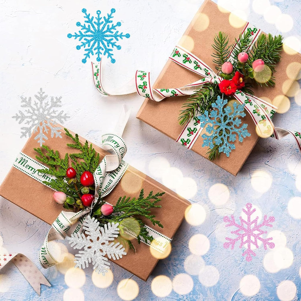 Skiennix Winter Snowflake Hanging Ornaments - Sparkly Ceiling Streamers for Christmas & New Year | Glitter Pink, Blue & Silver
