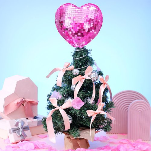 Gejoy Valentine's Day Tree Topper Disco Heart Sequin Ball Treetop Decoration Glitter Heart Ornament Flash Love Topper Decor 9.06'' x 6.69'' for Valentine's Day Party Supplies Gift(Pink)