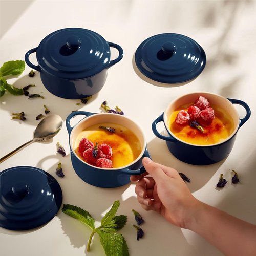 Kook Ceramic Mini Cocotte Set - Small Casserole Dishes with Lids | Oven Safe 350°F, 12 oz, Set of 4 (Navy)