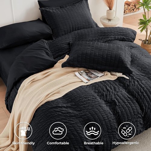 HYMOKEGE Black Comforter Set - Luxurious 7-Piece All-Season Bedding in Seersucker Design