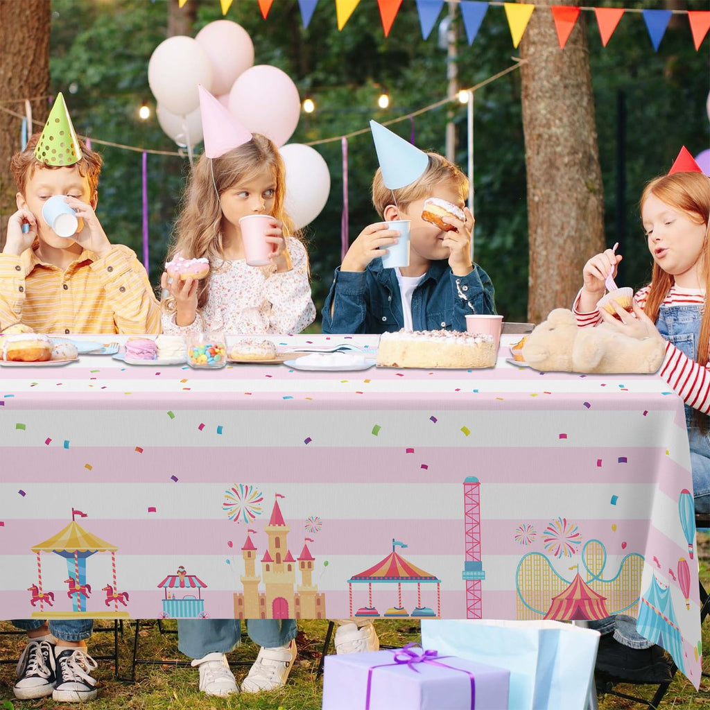 GZBJMYGS Pink Circus Theme Party Tablecloth Carnival Carousel Table Cover Supply for Baby Shower Girl Princess Birthday Party Popcorn Day Dining Holiday Picnic Booth Prop Decoration, 53" x 98"