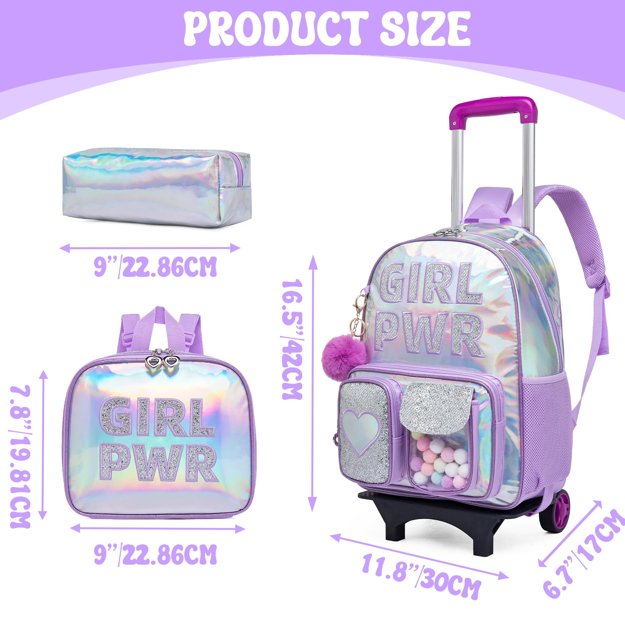 Meetbelify Rolling Backpack for Girls Backpack with Wheels for Elementary Student Kids School Bag with Lunch Box Pencil Case for Girls Ages 6-8 Years Old