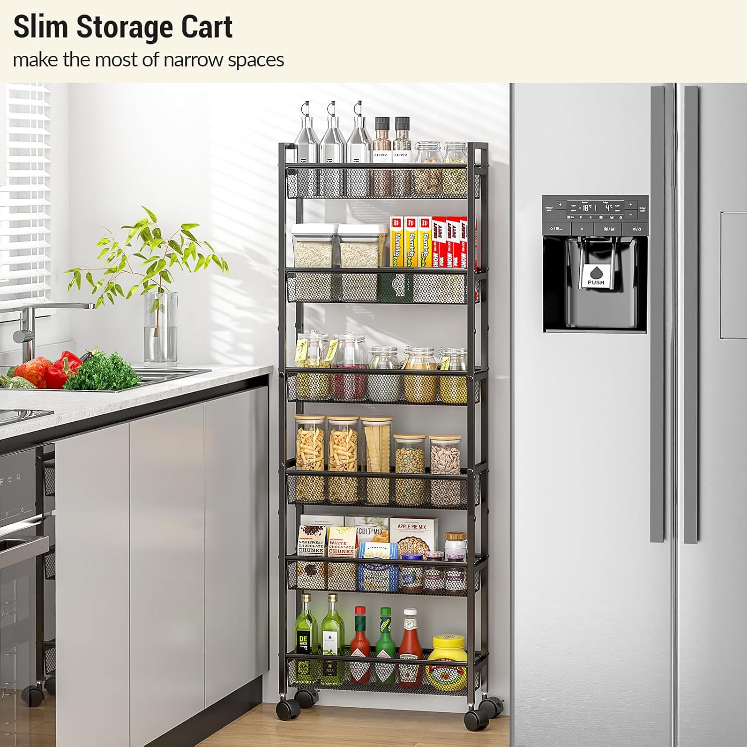 ThreeHio 6-Tier Slim Storage Cart - Mobile Metal Shelving Unit for Kitchen & Bathroom - Black, 6in Width