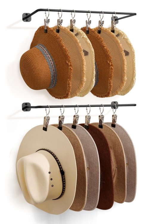 Cowboy Hat Rack for Wall Cowboy Hats Hook with 12 Clips Metal Cowboy Hat Hanger for Bucket Baseball Caps Sunhat Winter Beanies Fedora Hat Organizer Hat Holder on Wall Women Men Closet Black 2 Pcs