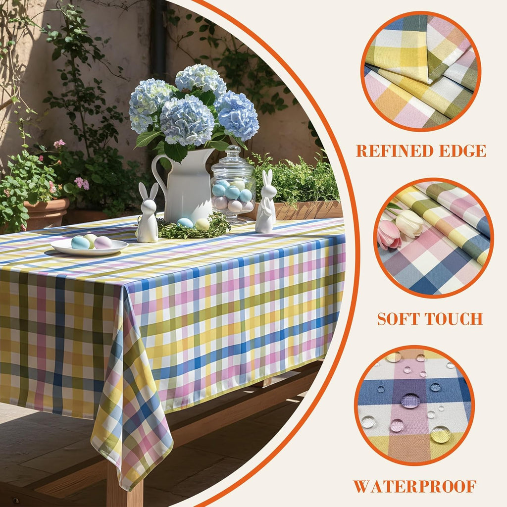 Pastel Checkered Tablecloth by Easter - Waterproof Polyester Fabric for Spring Parties | 60 x 84 in