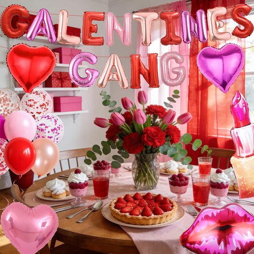 Galentines Gang Balloons Banner Set - Galentines Day Decorations with Letter Heart Foil Lips Balloon, Girls Night Party Supplies for Women Friends Valentines Day Decor
