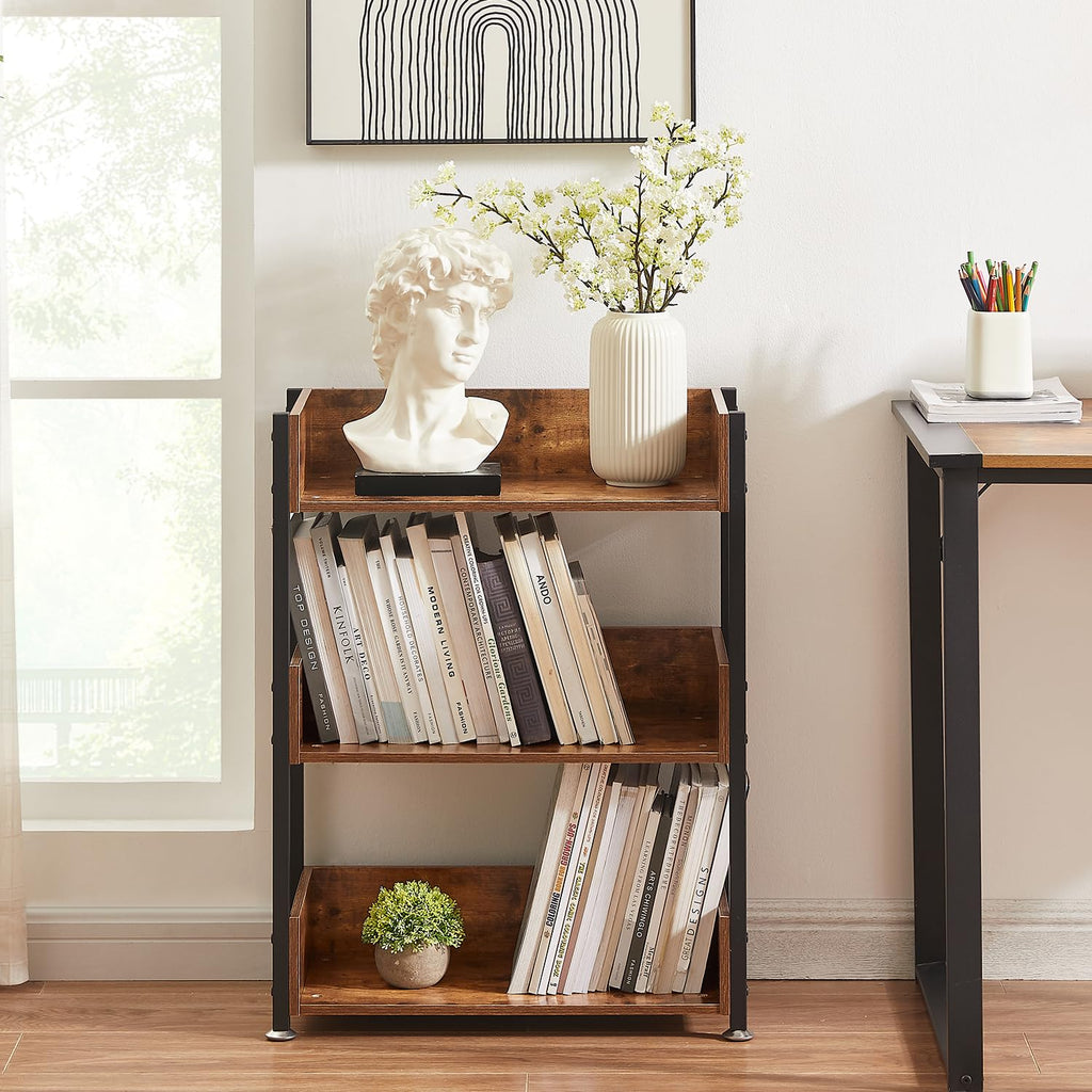 VECELO Bookshelf,Small Bookcase,3-Tier Storage Organizer,Industrial Shelving Unit for Home Office,Living Room,Dormitory,30" H,Retro Brown