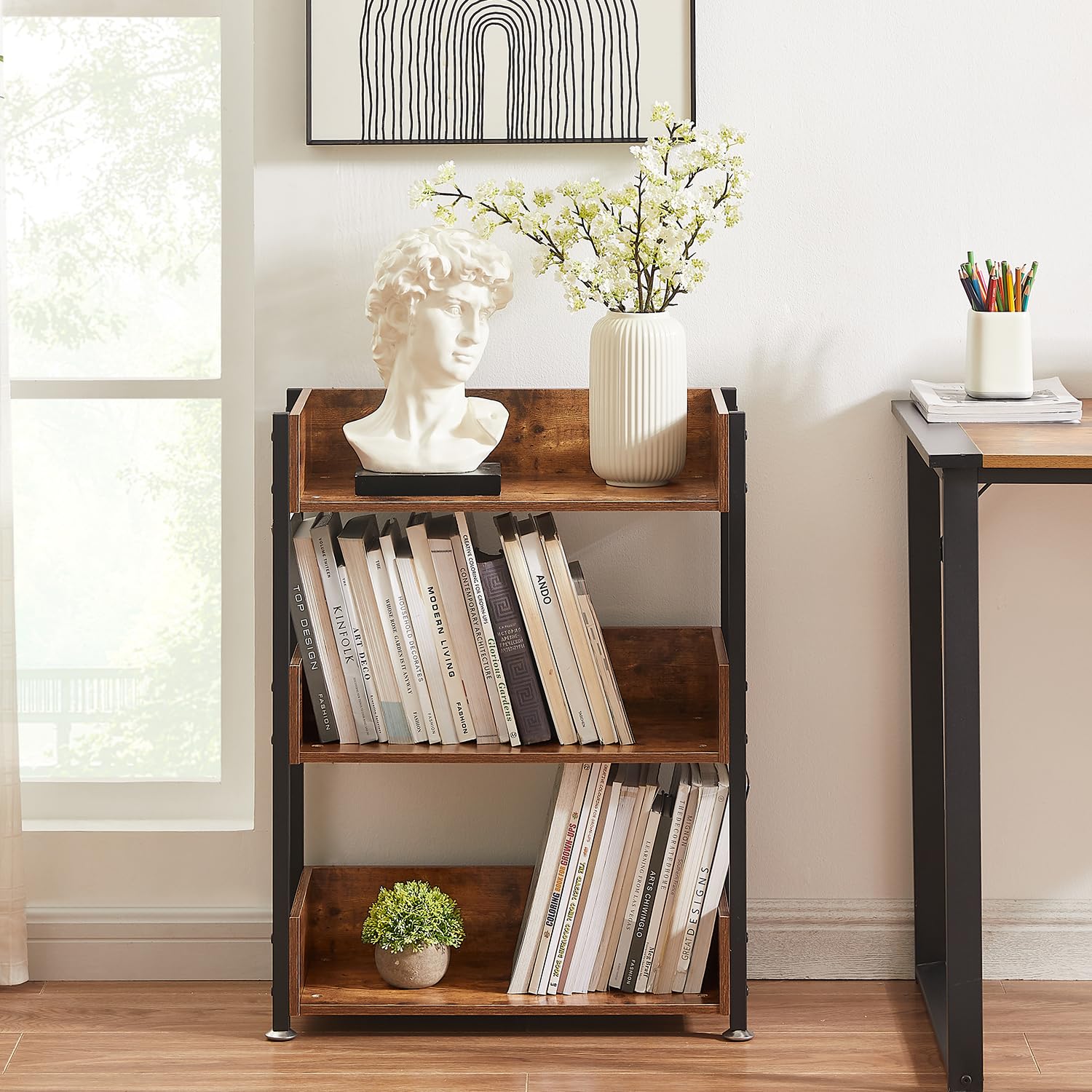 VECELO Bookshelf,Small Bookcase,3-Tier Storage Organizer,Industrial Shelving Unit for Home Office,Living Room,Dormitory,30" H,Retro Brown