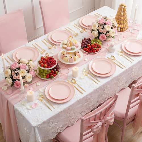 MirthMood 350PCS Pink Plastic Plates with Gold Rim – Plastic Plates Set Includes 50 Dinner,50 Dessert Plate,50 Cup&50 Napkins 150 Gold Silverware for Wedding&Birthday Parties&Valentine's Day