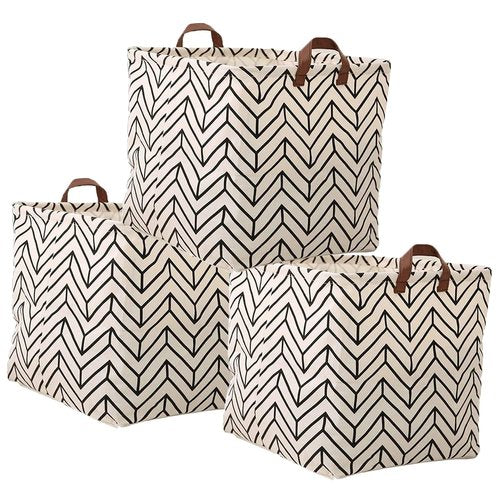 KRLIFCSL 3 Pieces 13 Inch Square Storage Bin, Fabric Folding Storage Baskets with Handles, Storage Organizer for kid's Toy & Baby Clothing - Laundry Basket/ Nursery Hamper (3 Geometric)