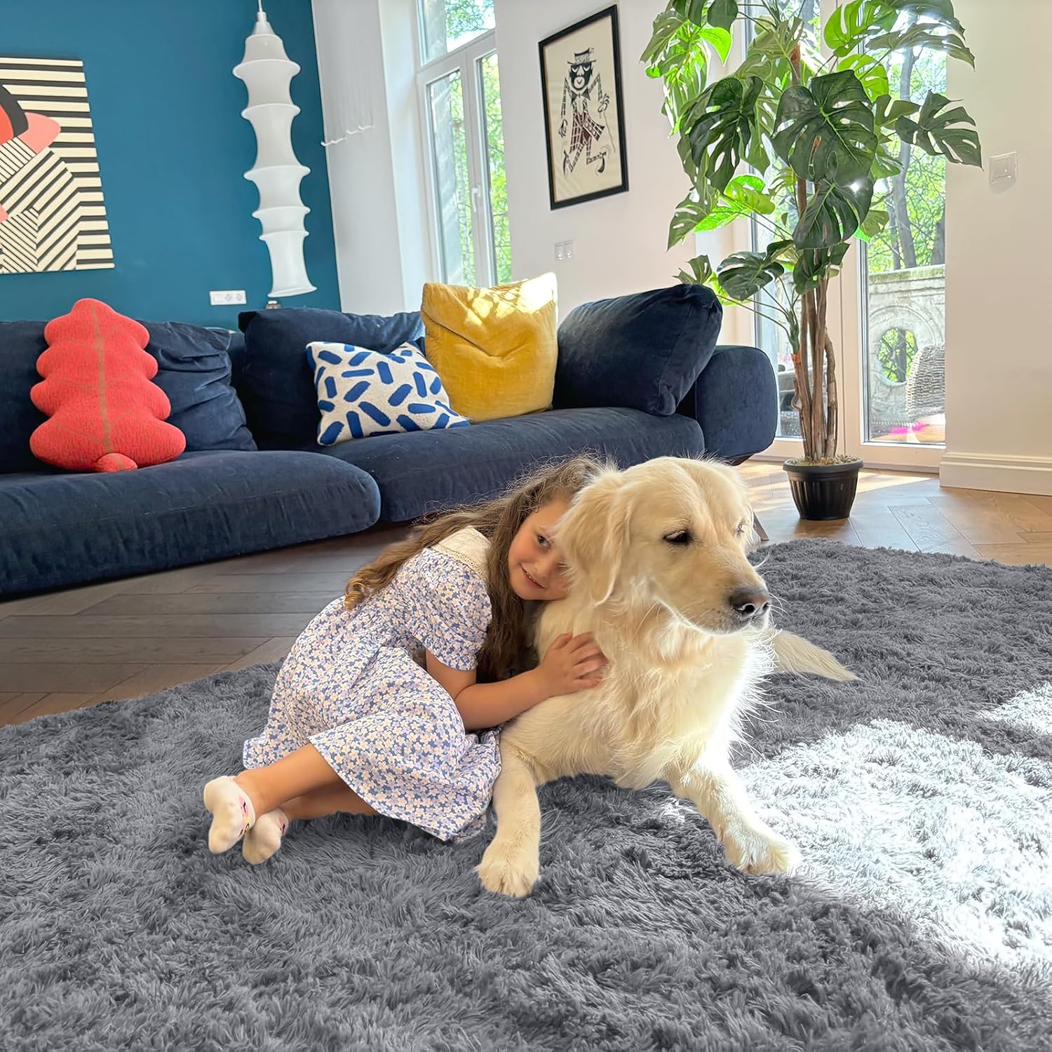 OLANLY Area Rugs - Soft Fluffy Shaggy Indoor Carpet for Living Room & Bedroom | 4x5.9 ft Light Grey