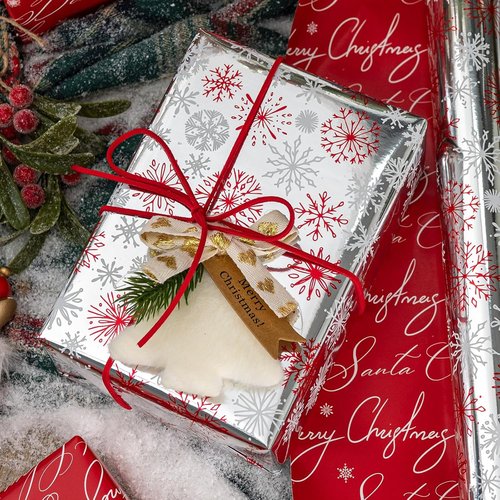 MAYPLUSS Christmas Wrapping Paper Roll - 17" x 33ft - Reversible Red & White Snowflakes for Holiday Gifts