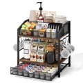 Homsorout Coffee Bar Organizer - Countertop Coffee Station, 42 K Cup holder Storage Basket with Drawer and Hooks for Syrup, Cups, Stirrer, Condiment, Tea Organizer, Black and Brown