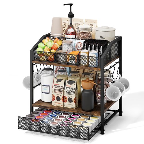 Homsorout Coffee Bar Organizer - Countertop Coffee Station, 42 K Cup holder Storage Basket with Drawer and Hooks for Syrup, Cups, Stirrer, Condiment, Tea Organizer, Black and Brown