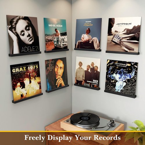 Emfogo Vinyl Record Shelf Wall Mount, 8 Pack Album Record Holder Wall, 12 inch Vinyl Record Storage Shelves Wall, Wood Record Display for Living Room(Black)