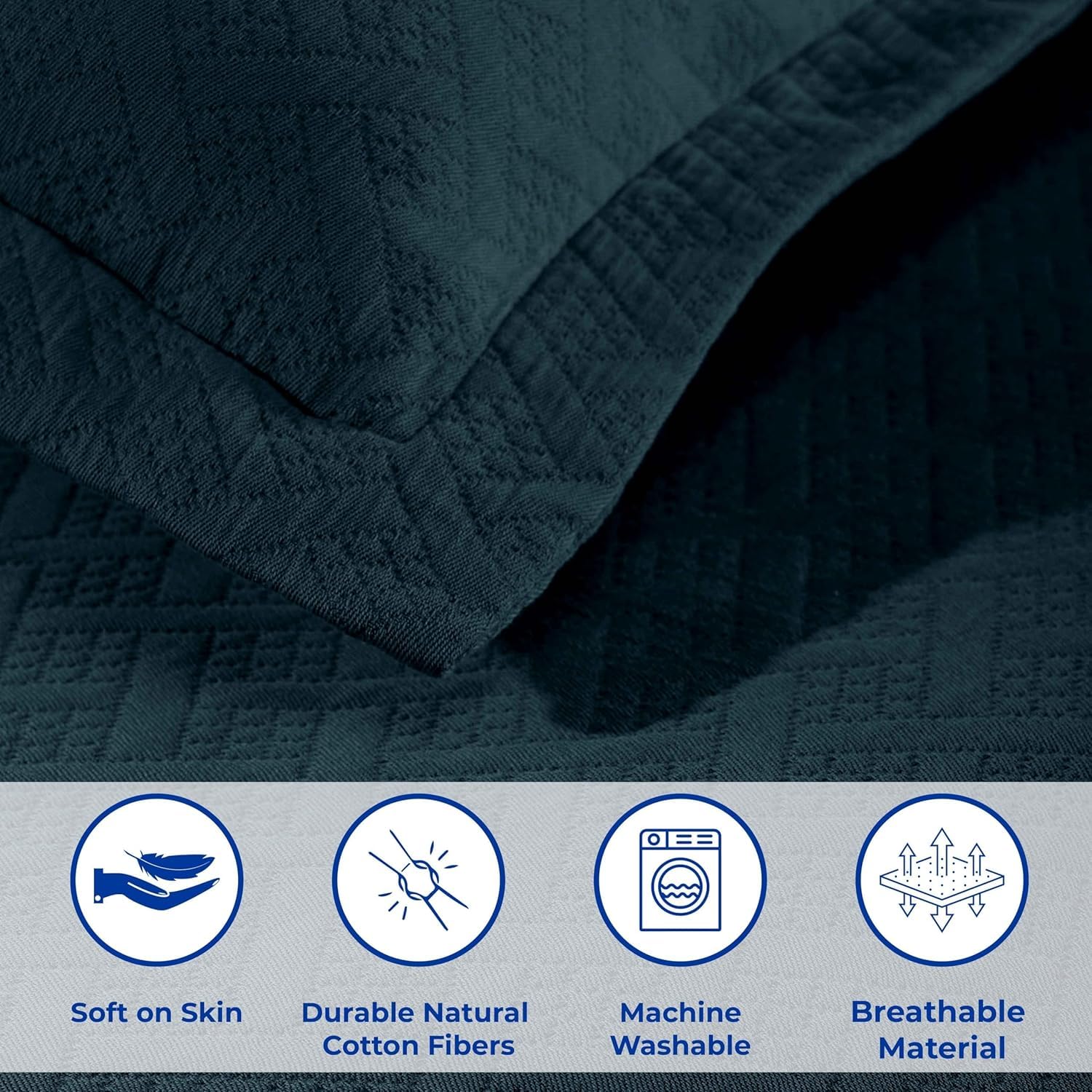 Superior Basketweave Cotton 2 Piece Bedspread Set, Home Bed Decor, Decorative Textured Bed Spread, 1 Pillow Sham, Airy Blanket, Matelasse Coverlet Bedding, Lattice Pattern, Twin, Deep Sea