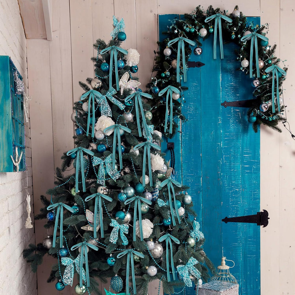 Skiennix 24 Pcs Velvet Bows - Vintage Ribbon Bows for Christmas Tree & Crafts | Turquoise (5 x 7 Inch, 3/8" Width)