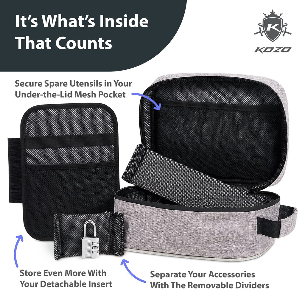 KOZO Smell proof Bag with Combination Lock – Portable Bags with Tightly Locking Zippers and 7 Layers of Carbon-Woven Fabric – Durable Case, 4.9 x 6.7 x 8.7 In. (Gray)