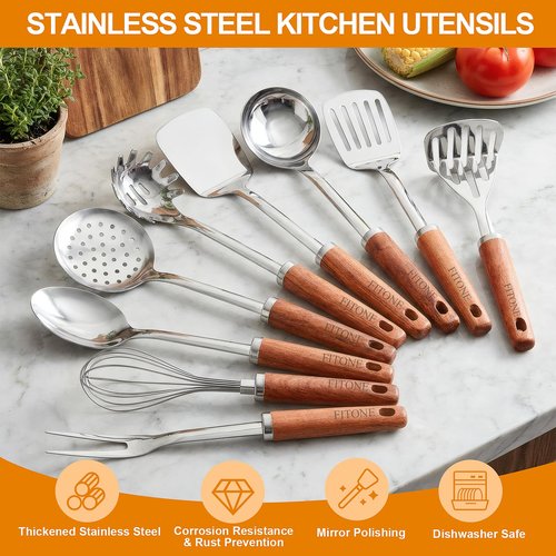 9PCS 18/8 Stainless Steel Kitchen Utensils, Stainless Steel Cooking Utensils with Wooden Handle, Metal Cooking Utensils Set, Spatula, Ladle, Skimmer, Spaghetti Spoon, Potato Masher, Easy To Clean