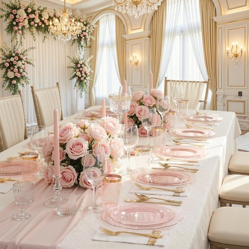 KIRE 210Pcs Clear Pink Plastic Plates with Gold Rim - Disposable Pink Plates for Party - 30 for Dinner 30 for Dessert 90 Silverware 30 Napkins 30Cups for Upscale Wedding/Party/Baby Shower/Mother's Day