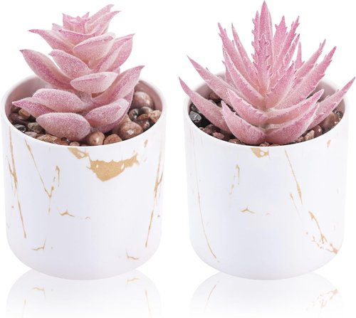 Der Rose Artificial Succulent Plants - Set of 2 Mini Fake Succulents for Office Desk Decor | Pink