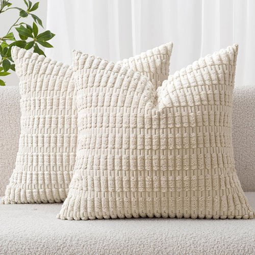 MIULEE Corduroy Throw Pillow Covers - Soft Boho Striped Design | 12x12 Inch Cream White for Home Decor