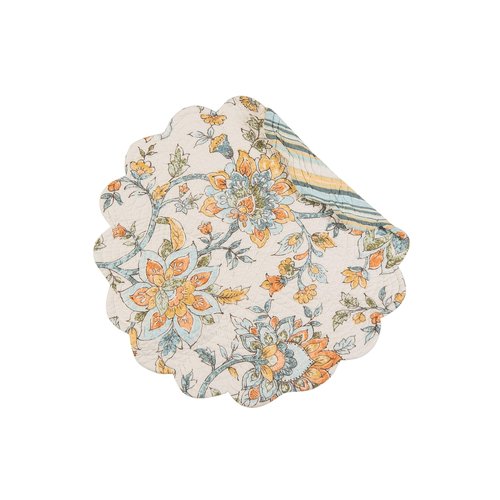 C&F Home Ainsley Placemats Set of 6 Jacobean Floral Reversible Stripes Round Cotton Machine Washable Dining Kitchen Tabletop Home Decor Decoration 17" Tan
