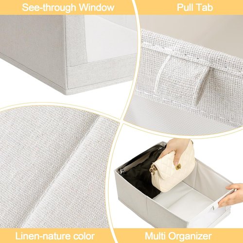 Kigley 12 Pcs Linen Closet Organizers - Foldable Clothing Bins with Window for Easy Storage | Beige