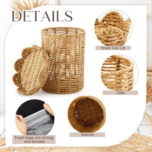 Ctosree 1.3 Gallons Small Wicker Trash Can with Lid Handle Woven Wicker Rattan Bathroom Waste Basket Boho Trash Basket with 100 Plastic Garbage Bags for Bedroom Laundry (Scalloped Style, Natural)